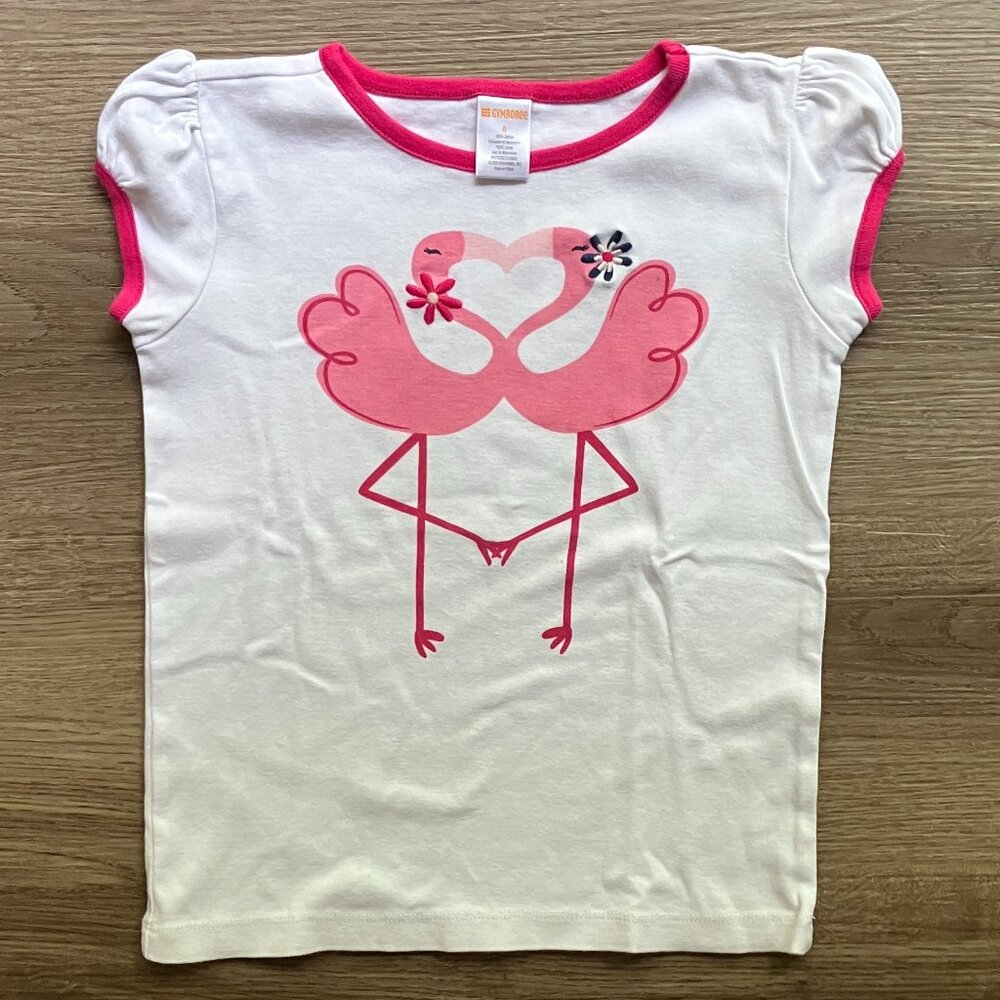 8 Girl Vintage Gymboree Valentine's Flamingo Heart Ringer Short-Sleeve T-Shirt